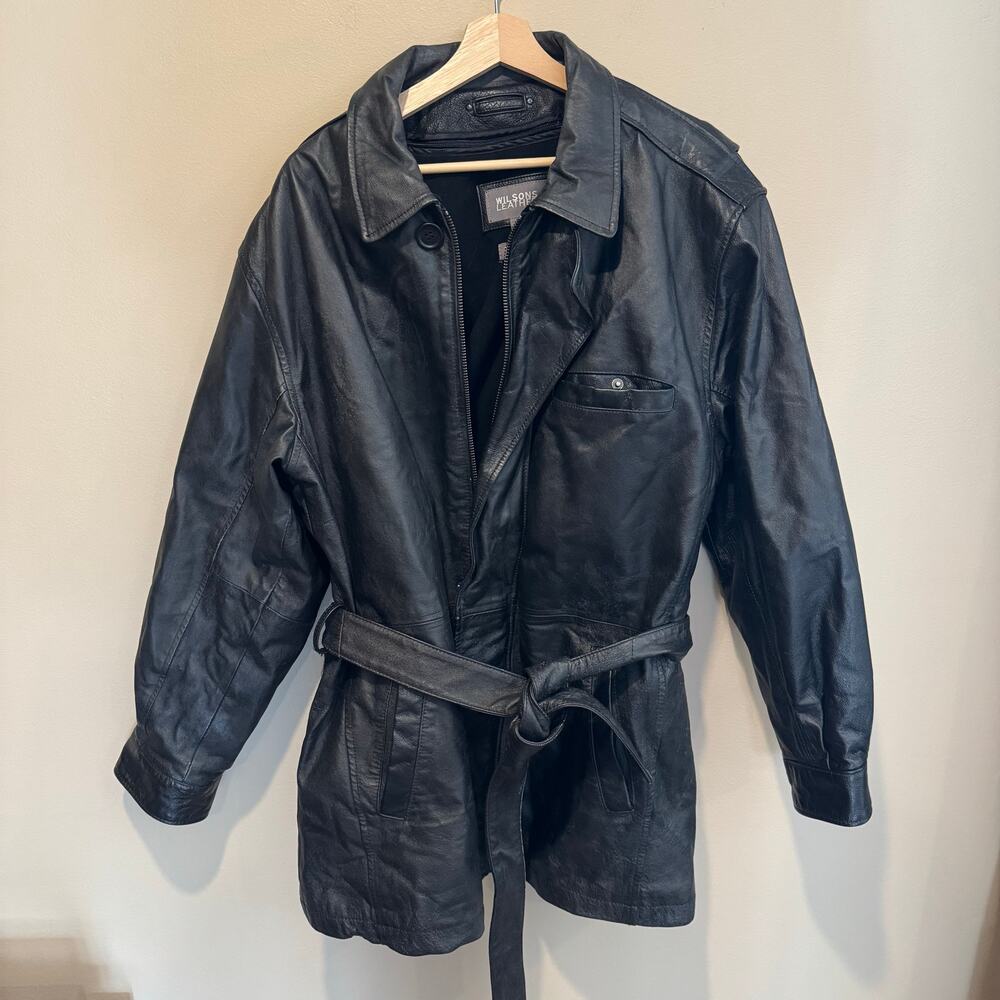 Wilsons Leather Coat Large Black Belt Thinsulate Removable Liner Mens - BUB